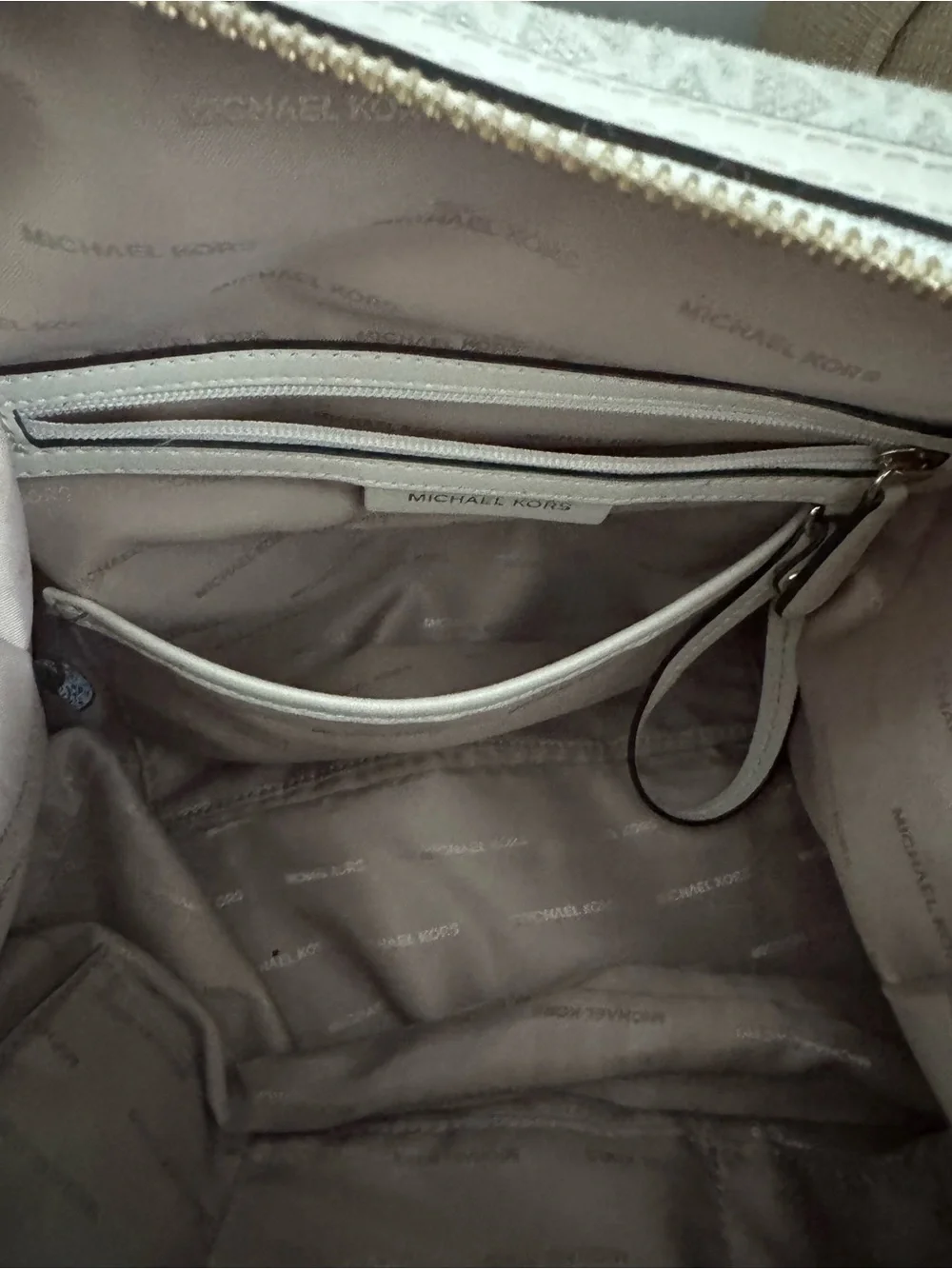 Michael Kors Cream Monogram Satchel with Gold Hardware